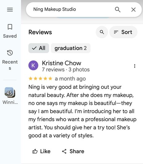 Google review for Ning Makeup Studio Winnipeg