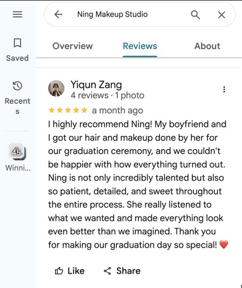 Google review for Ning Makeup Studio Winnipeg