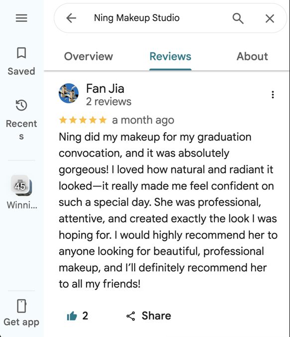 Google review for Ning Makeup Studio Winnipeg