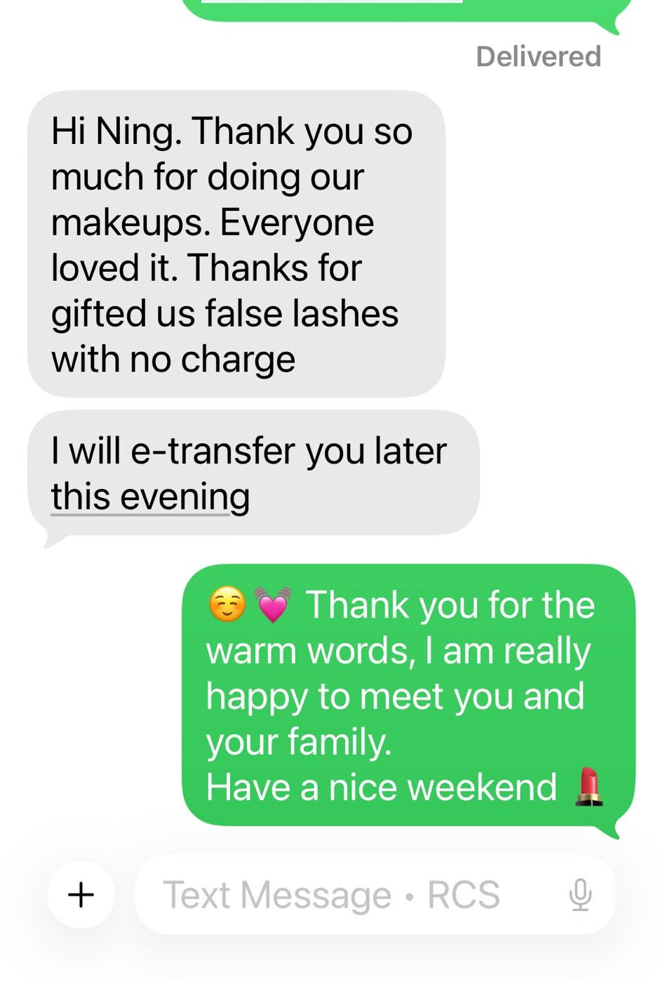 SMS testimonial for Ning Makeup Studio Winnipeg